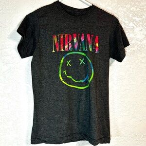 Nirvana T Shirt  M Smiley Face Tie Dye Gray Rainbow Logo Kurt Cobain Band Merch